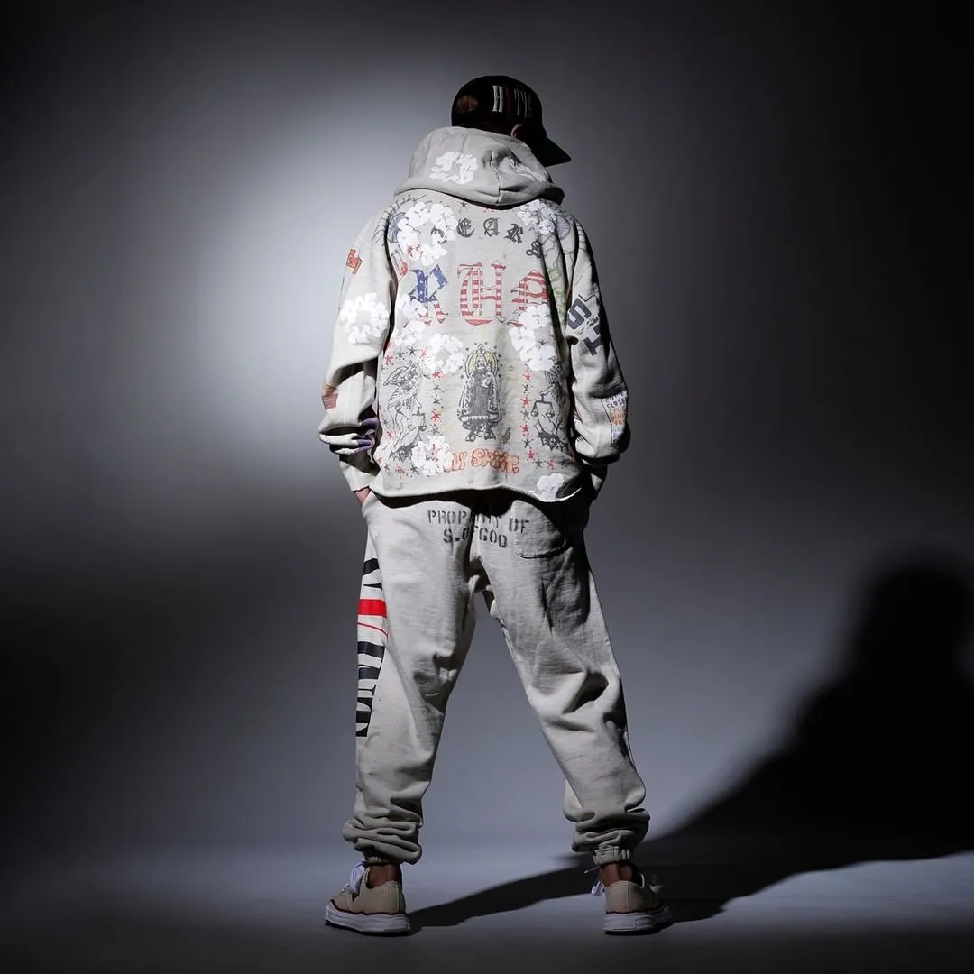 DENIM TEARS × ©SAINT M×××××× "SAINT TEARS" Graffiti Hoodie Joint Model Cotton Graffiti Hoodie Fully Printed Washed Distressed Holes Vintage Sweatshirt Gray S-XL Super Heavy Duty! The whole piece is printed with 35 screens and counterpoint printing!